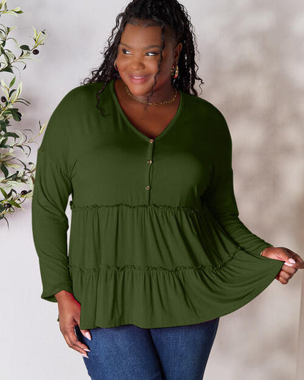 Double Take Half Button Long Sleeve Ruffle Hem Blouse