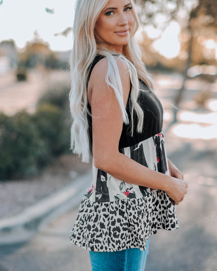 Leopard Floral Color Block V-Neck Tank Top