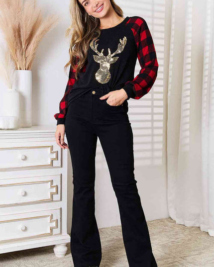 Heimish Full Size Sequin Reindeer Graphic Plaid Top