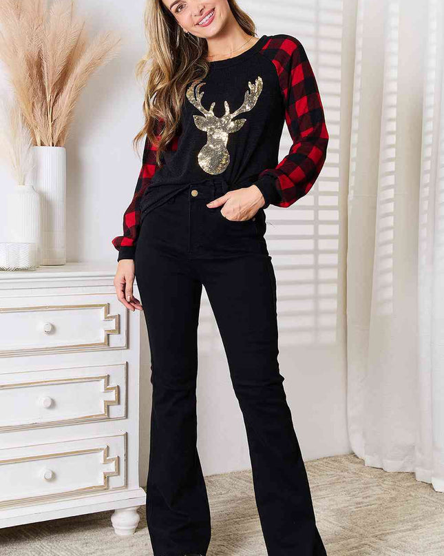 Heimish Full Size Sequin Reindeer Graphic Plaid Top