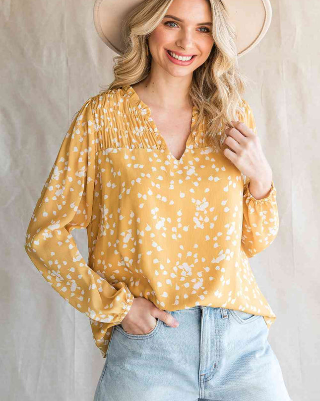 Double Take Printed Notched Neck Smocked Blouse