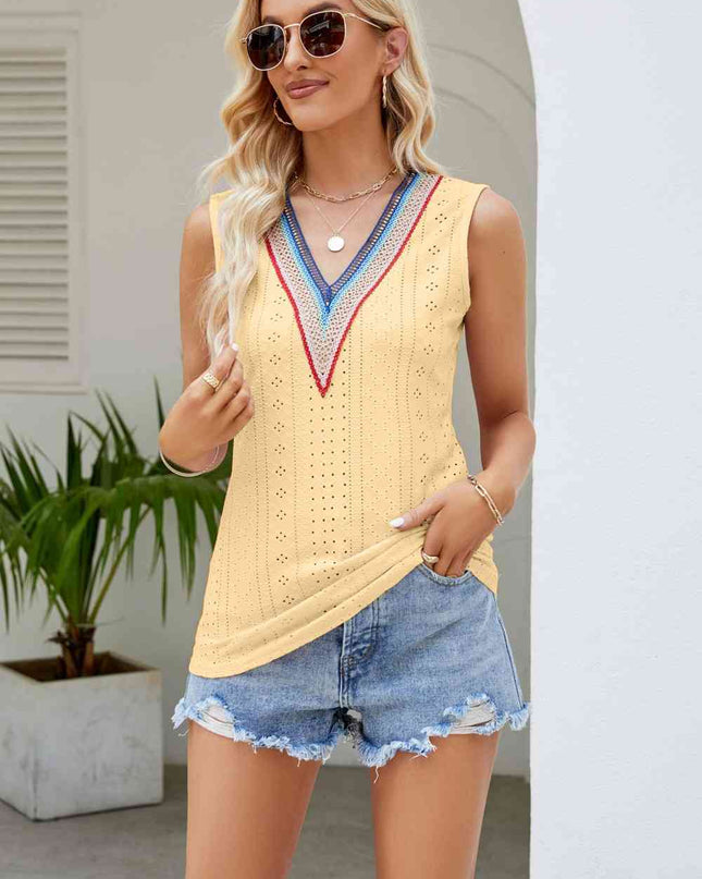 Contrast V-Neck Eyelet Tank