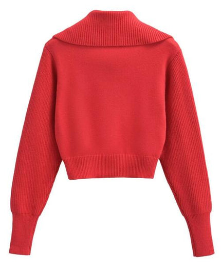 Half Zip Ribbed Collared Neck Knit Top