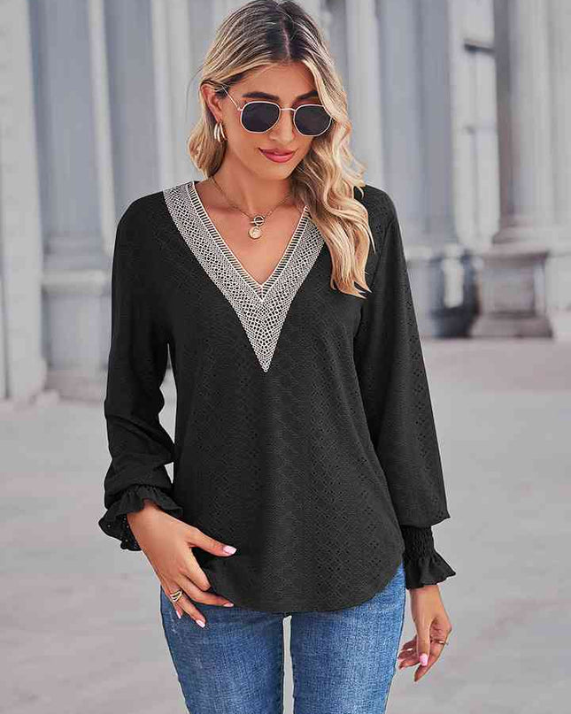 V-Neck Eyelet Flounce Sleeve Blouse