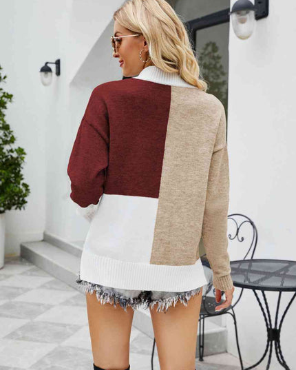 Color Block Dropped Shoulder Ribbed Trim Sweater