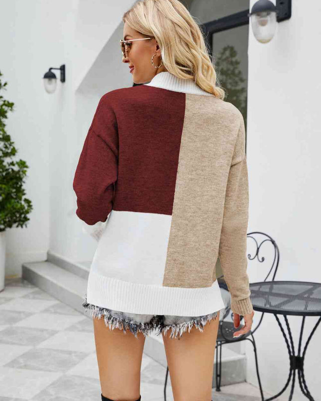 Color Block Dropped Shoulder Ribbed Trim Sweater
