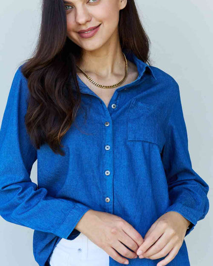 Doublju Blue Jean Baby Denim Button Down Shirt Top in Dark Blue
