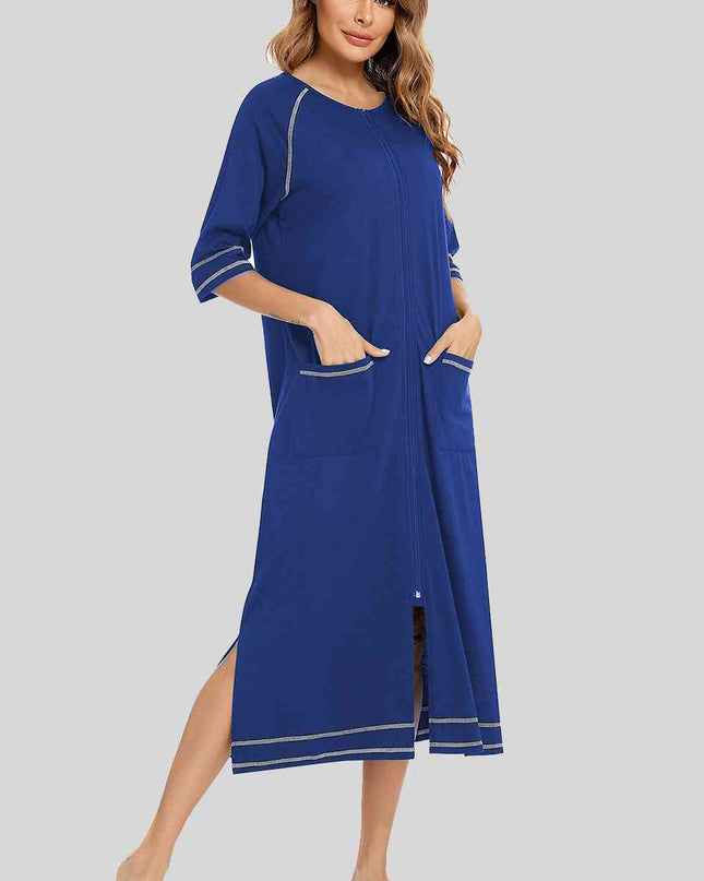 Zip Up Slit Round Neck Night Dress with Pockets