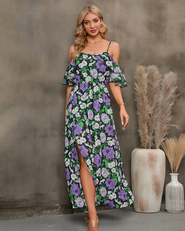 Floral Spaghetti Strap Cold-Shoulder Slit Maxi Dress