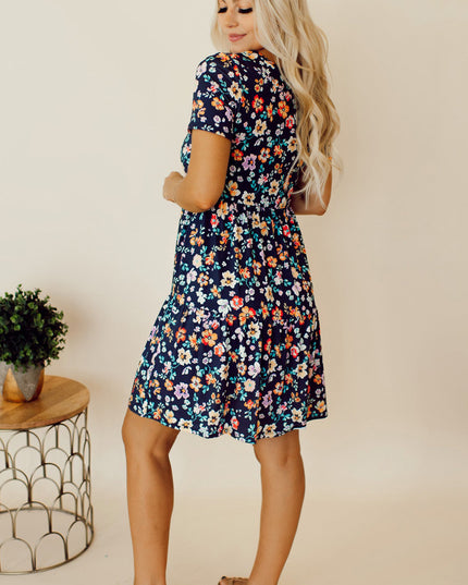 Floral Round Neck Short Sleeve Mini Dress