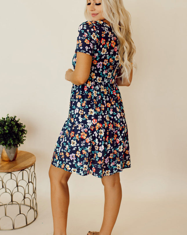 Floral Round Neck Short Sleeve Mini Dress