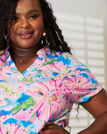Double Take Floral Notched Neck Short Sleeve Top