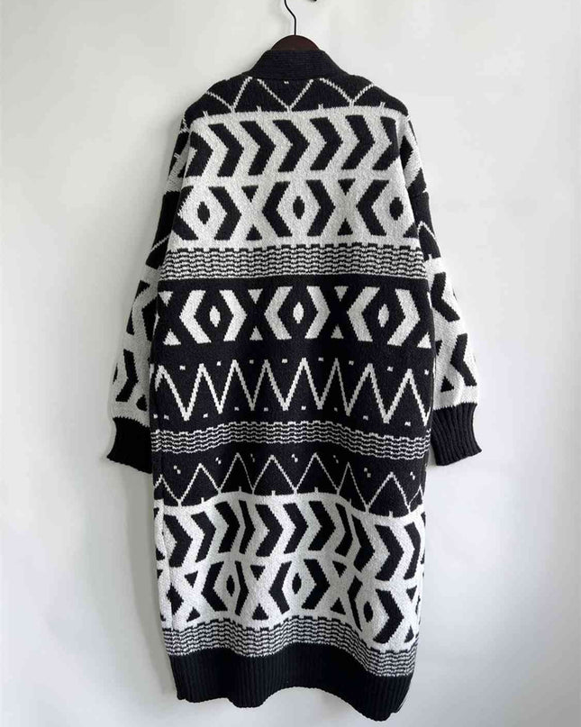 Geometric Button Front Longline Cardigan