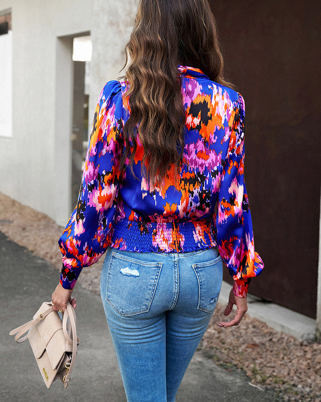 Printed Surplice Neck Long Sleeve Blouse