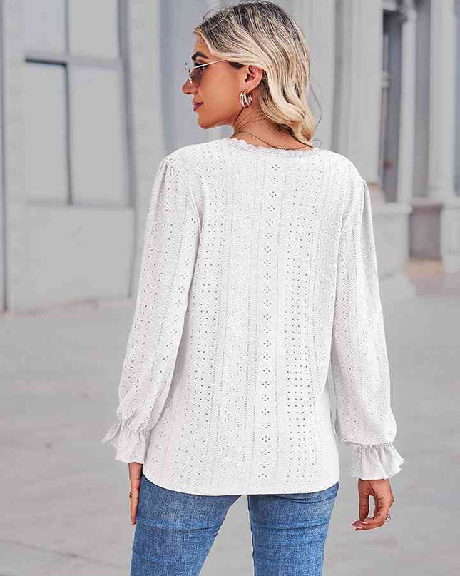 Eyelet V-Neck Flounce Sleeve Blouse