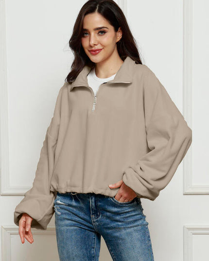 Half-Zip Collared Drop Shoulder Fleece Sweatshirt
