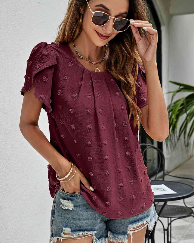 Swiss Dot Round Neck Petal Sleeve Top