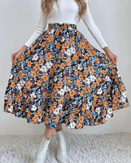 Printed Ruffle Hem Midi Skirt
