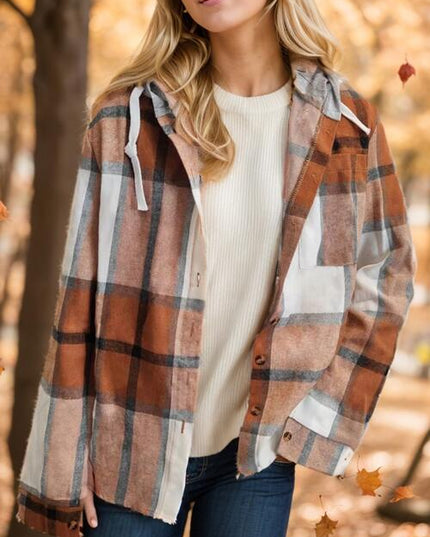 Plaid Button Up Drawstring Hooded Shirt