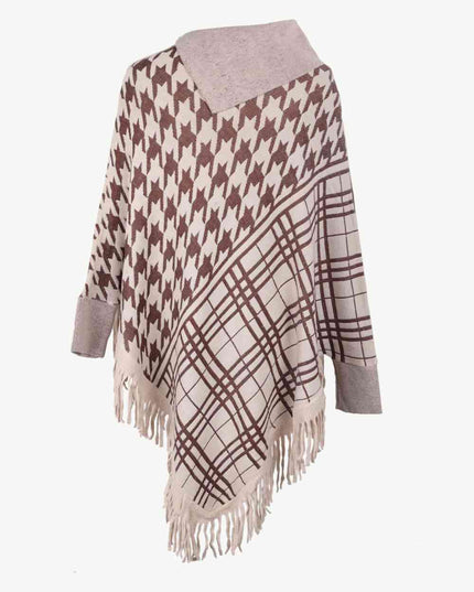 Houndstooth Turtleneck Fringe Hem Poncho