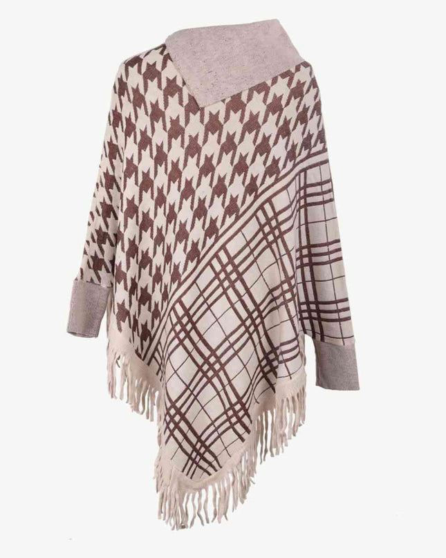 Houndstooth Turtleneck Fringe Hem Poncho