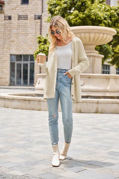 Ribbed Button Up Dropped Shoulder Cardigan