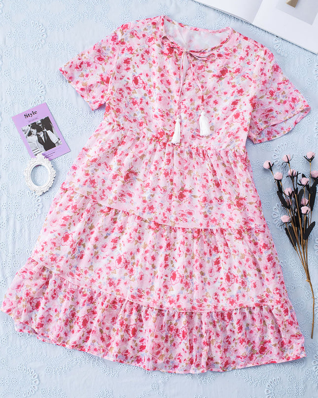 Floral Tassel Tie Tiered Dress