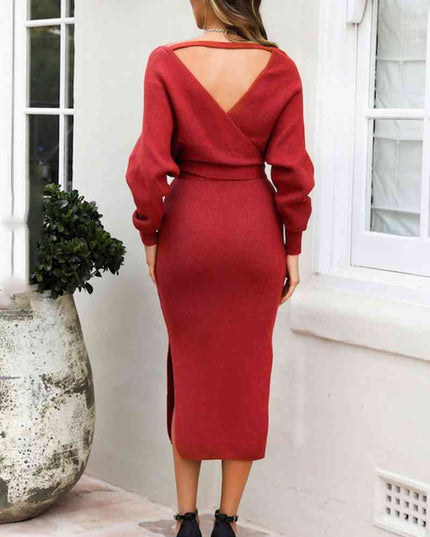 Surplice Neck Bow Waist Slit Sweater Dress