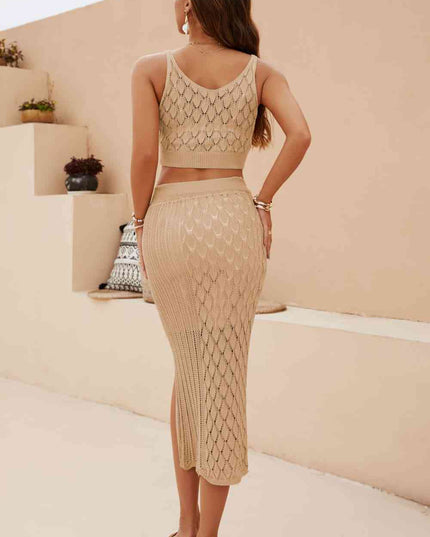 Openwork Cropped Tank and Split Skirt Set