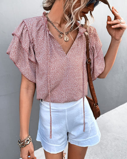 Printed Flutter Sleeve V-Neck Top