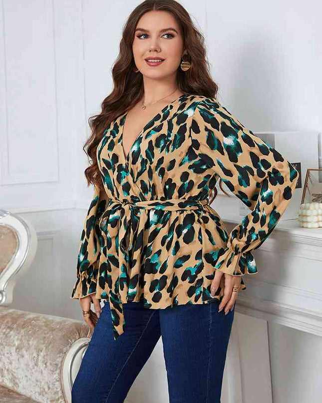 Plus Size Printed Tie Waist Flounce Sleeve Blouse