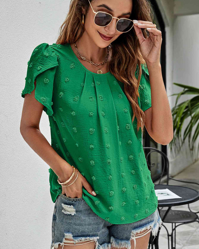 Swiss Dot Round Neck Petal Sleeve Top