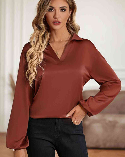 Johnny Collar Lantern Sleeve Blouse