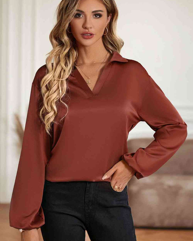 Johnny Collar Lantern Sleeve Blouse