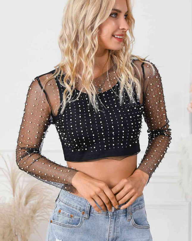 Pearl Long Sleeve Mesh Cropped Top