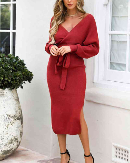 Surplice Neck Bow Waist Slit Sweater Dress