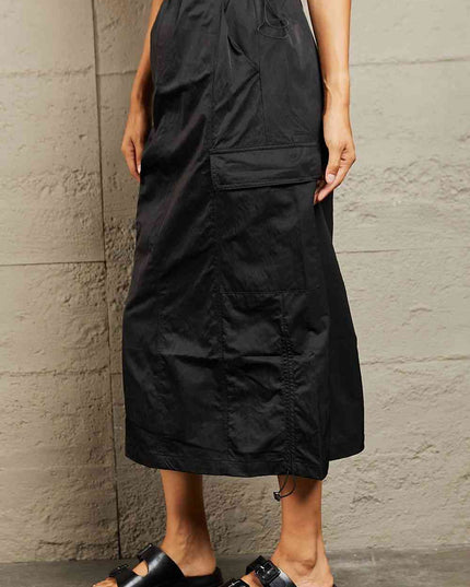 HYFVE Just In Time High Waisted Cargo Midi Skirt in Black