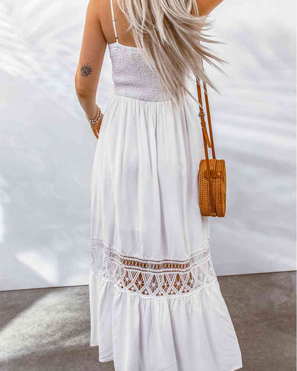 Buttoned Spliced Lace Spaghetti Strap Maxi Dress