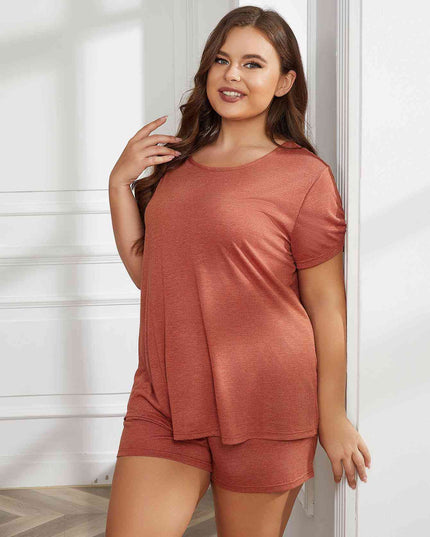 Plus Size Round Neck Short Sleeve Two-Piece Loungewear Set