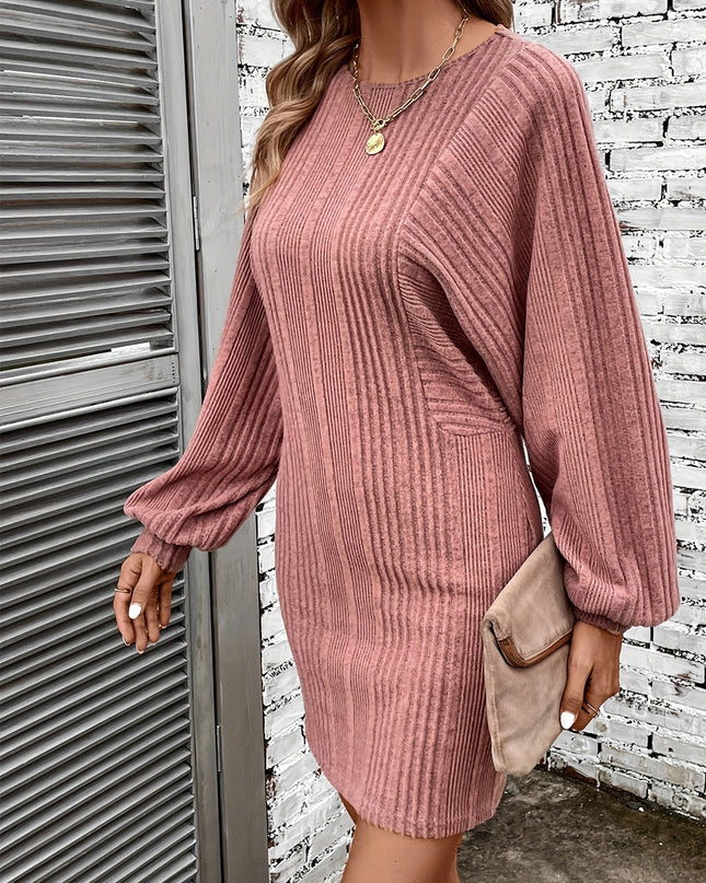 Ribbed Round Neck Long Sleeve Dress
