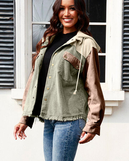 Contrast Drawstring Snap Down Raw Hem Hooded Jacket