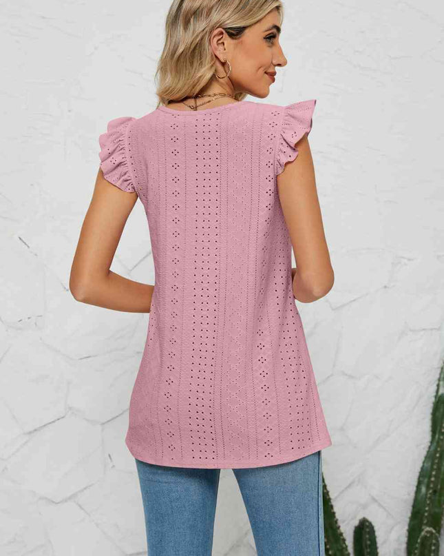 Smocked Round Neck Eyelet Top