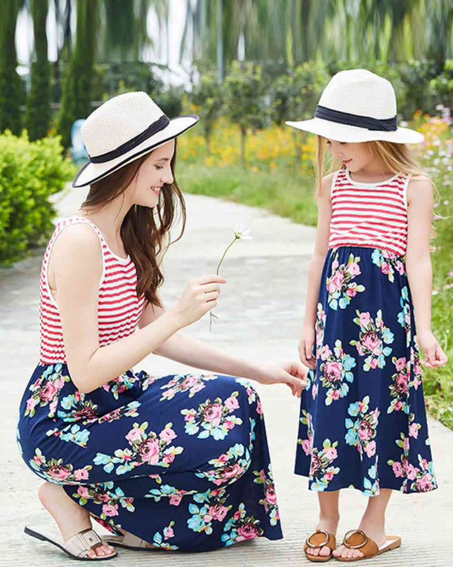 Women Striped Floral Sleeveless Dress
