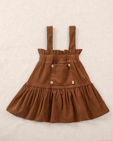 Puff Sleeve Round Neck Top and Buttoned Overall Dress Set