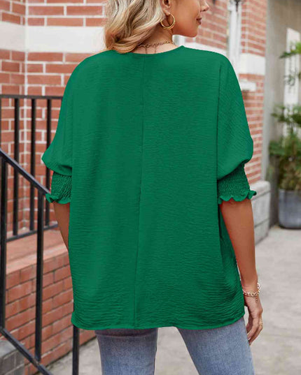 Round Neck Smocked Lantern Sleeve Blouse