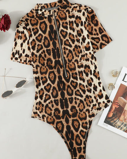 Leopard Half Zip Short Sleeve Bodysuit