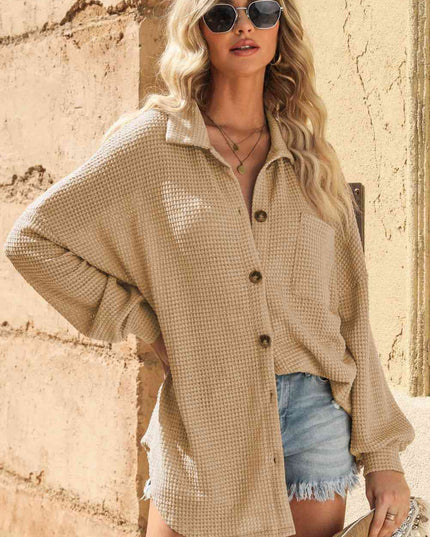 Waffle-Knit Collared Neck Dropped Shoulder Shirt
