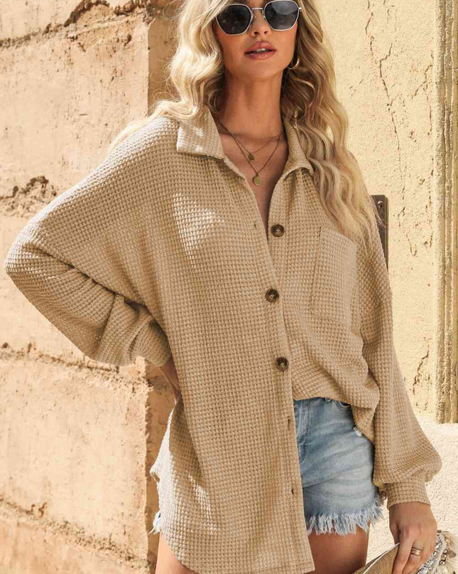 Waffle-Knit Collared Neck Dropped Shoulder Shirt