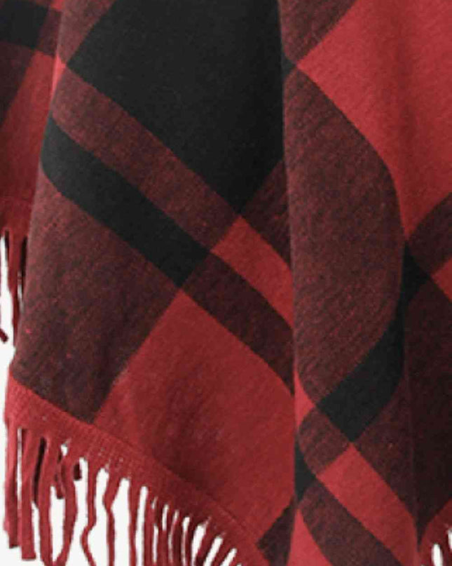 Plaid Turtleneck Fringe Hem Poncho