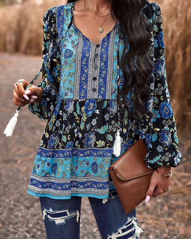 Tassel Tie Long Sleeve Peplum Blouse
